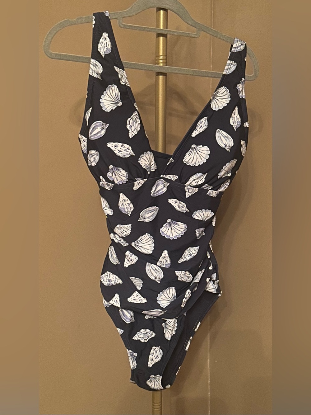 Ellen Tracy Navy One-Piece Swimsuit with White Shell Print